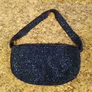 Vintage Blue & Black Iridescent Glass Beaded Purse